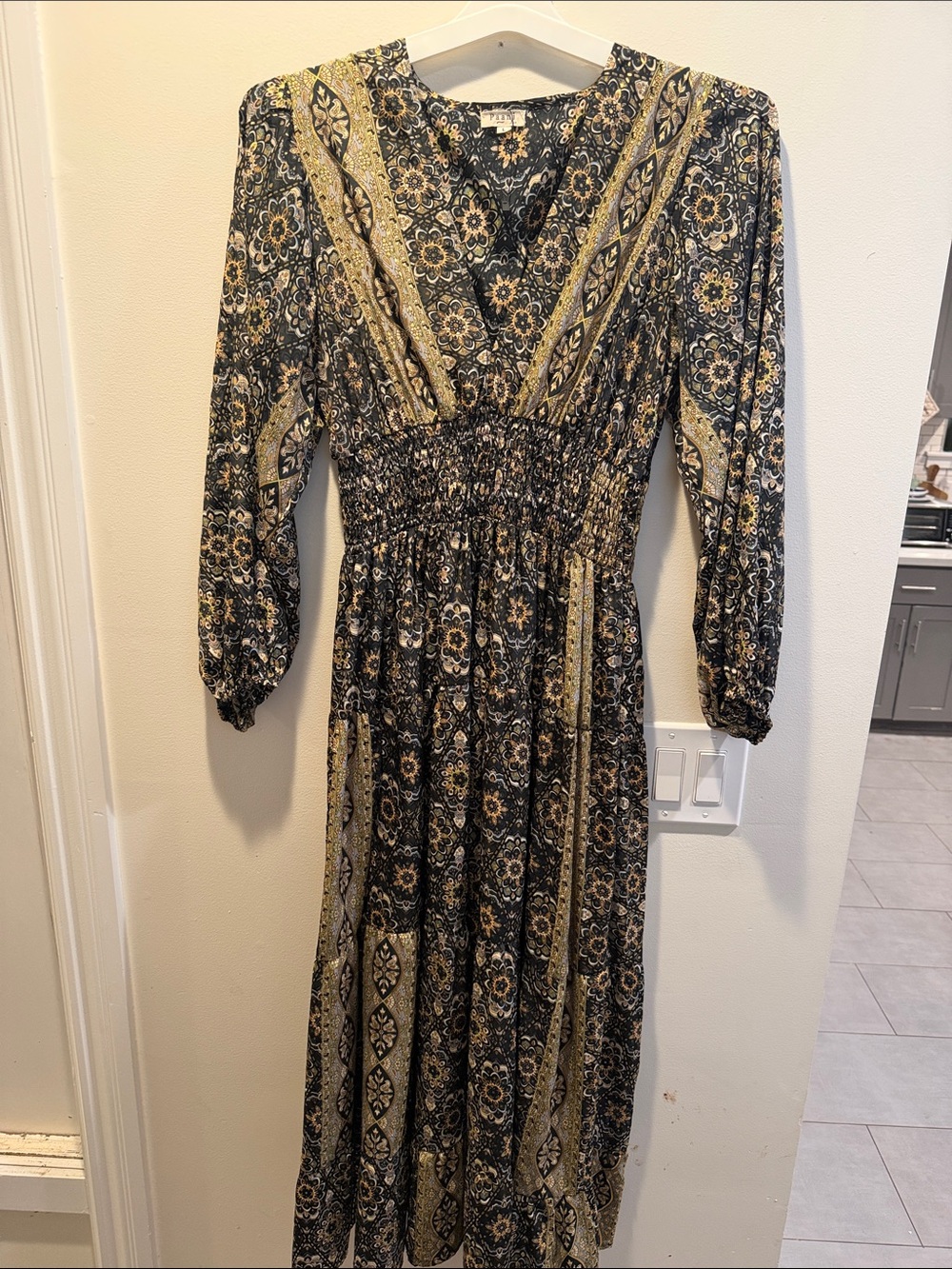 Bohemian V-Neck Smocked Maxi Dress in Black and Cream
